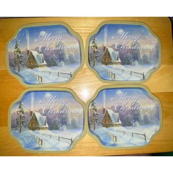 Vintage Set of 4 Merry Christmas Winter Decorative Metal Tin Plates Snack Trays - Picture 1 of 2
